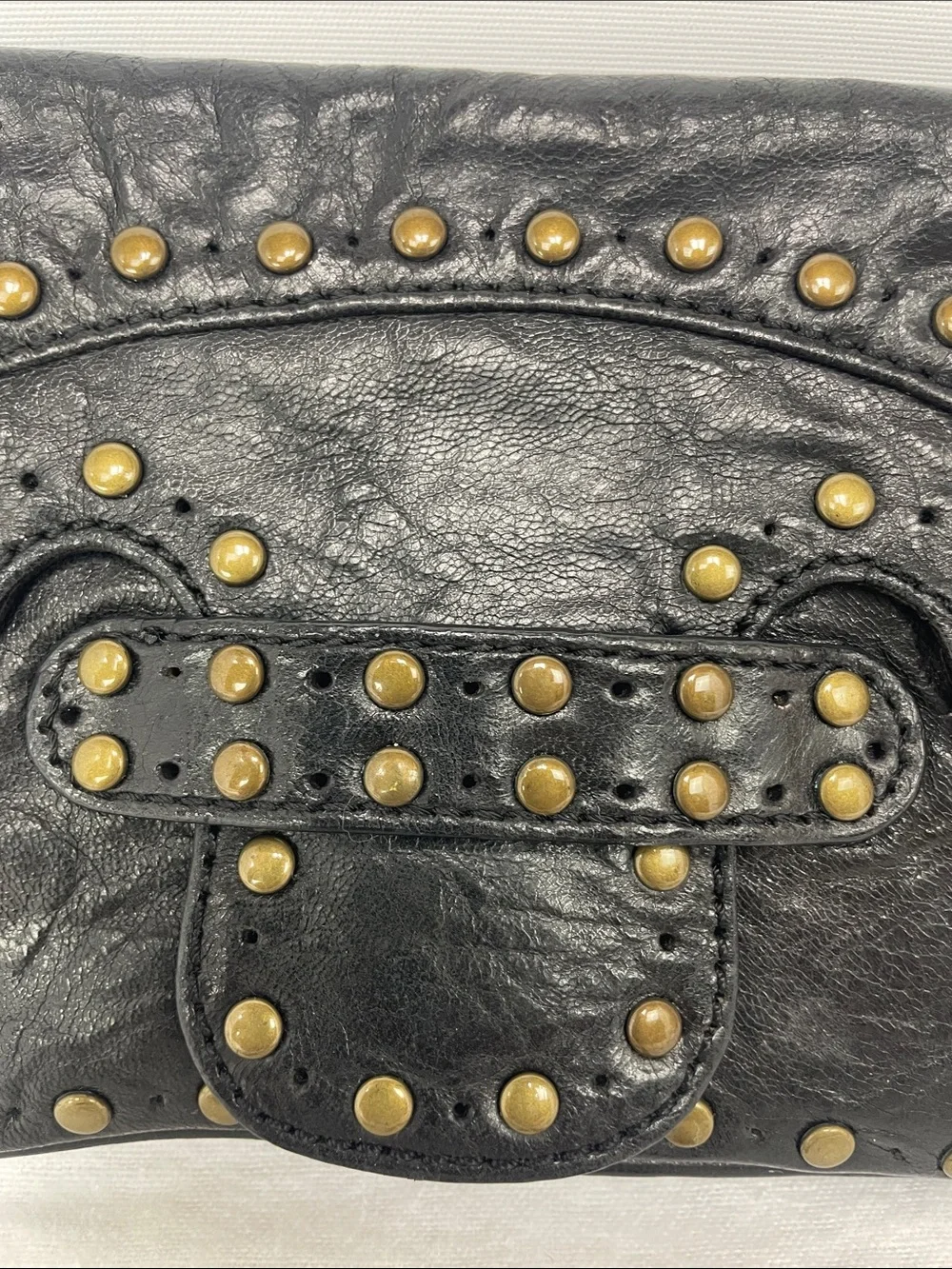 Kooba Black Leather Studded Wristlet Clutch with Brass Accents